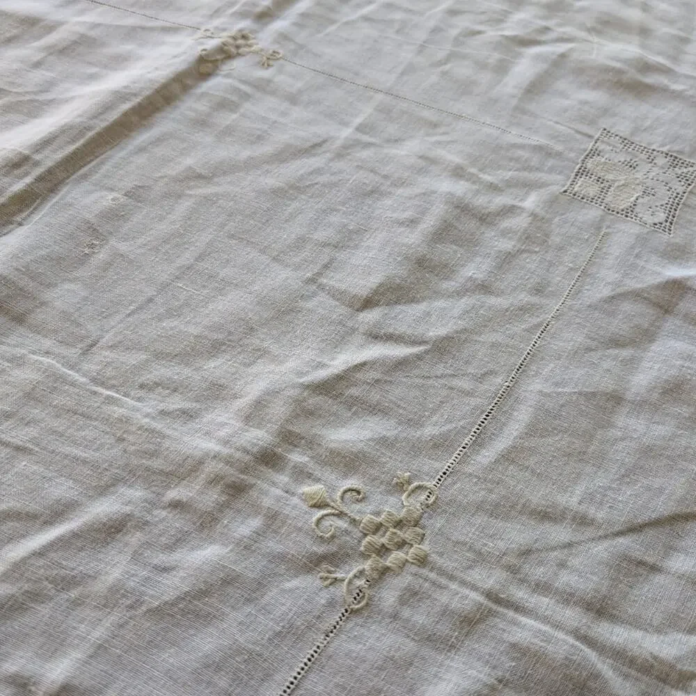 Vintage Handmade Tablecloth Whitework Embroidery & Filet Lace Inserts 50